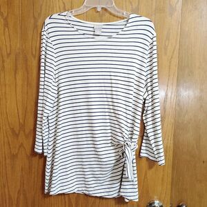 Chicos Top Womens Sz 2 Large Navy Beige Striped Side Tie 3/4 Sleeve Shirt Tunic